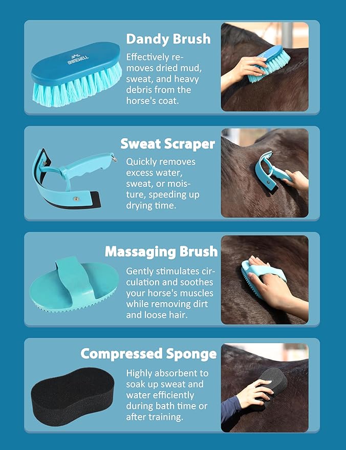 Shinewell Horse Grooming Kit, Complete Horse Brush Set, Equine Grooming Tools for Shedding & Daily Care Blue