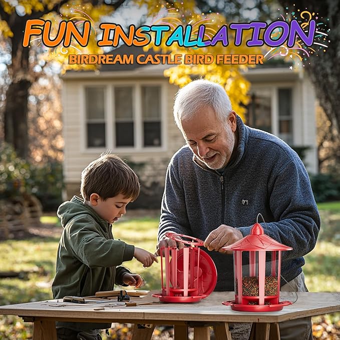 Birdream Bird Feeders for Outdoor Hanging, Assembly Required, 1-Min Easy Setup, Charming Castle Design, Attracting Cardinals Chickadees Goldfinches & Sparrows - Red
