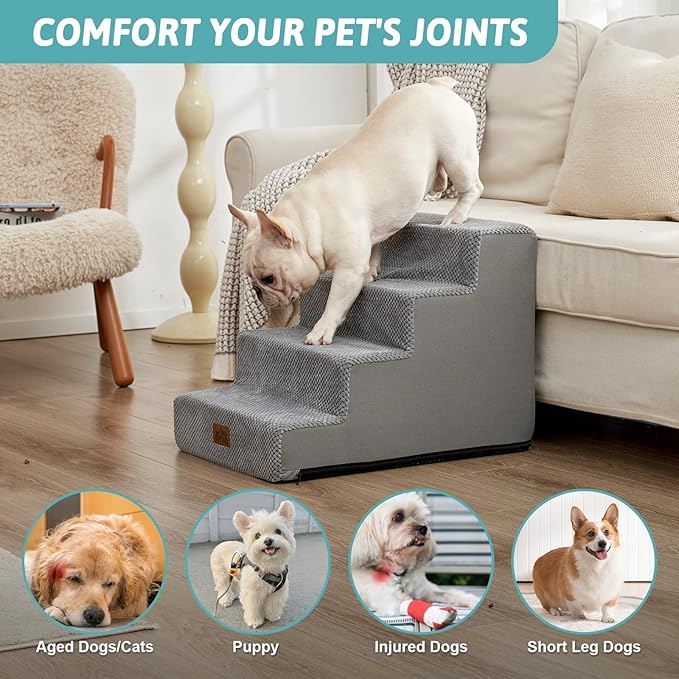 COZY KISS Dog Stairs for Small Dogs, 4 Tier Wider Pet Stairs for Couch and Beds, 17.7" H Non-Slip Dog Steps for Old Cats, Puppy, Small Medium Dogs, 17.7x23.6x17.7 inch, Grey