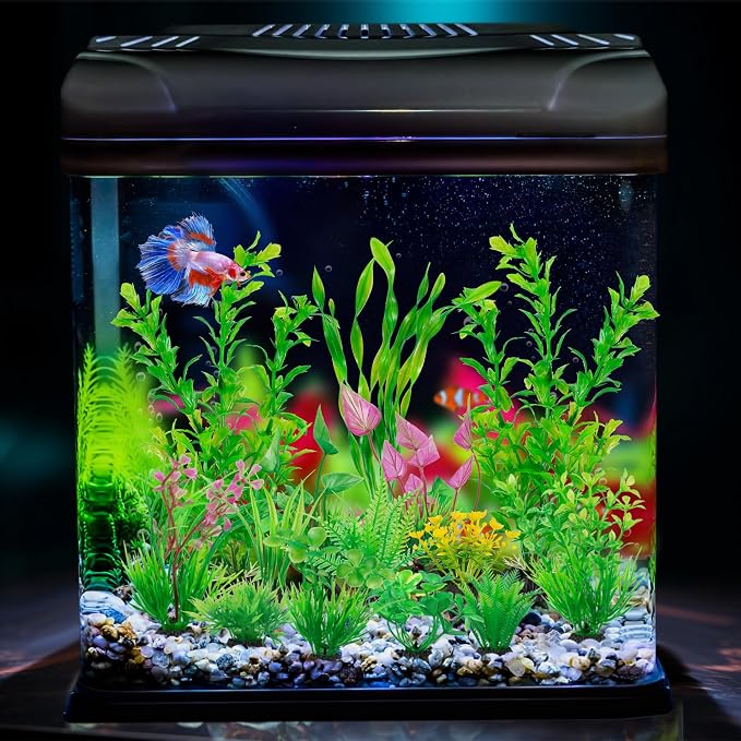 Ameliade 14 PCS Soft Plastic Aquarium Plants Green Fish Tank Decor Set | Aquarium Decorations and Accessories, Small Fish Bowl Artificial Safe Ornaments for Betta Goldfish and Turtle