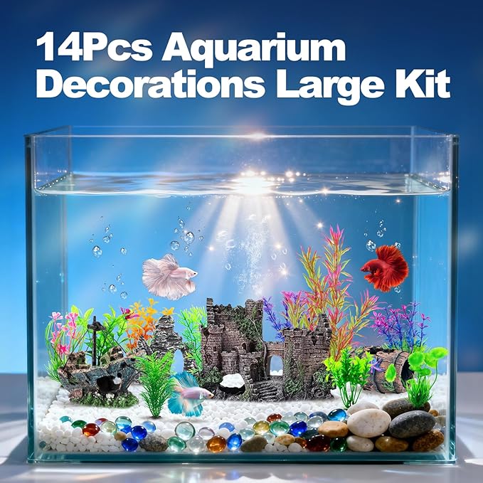 CousDUoBe 14 Pcs Aquarium Decorations Large Kit，Castle Fish Tank Bubbler Decorations，Starfish Barrel, Resin Cave Rock,Resin Material Sunken Ship,Aquarium Plants Large Fish Bowl Ornaments