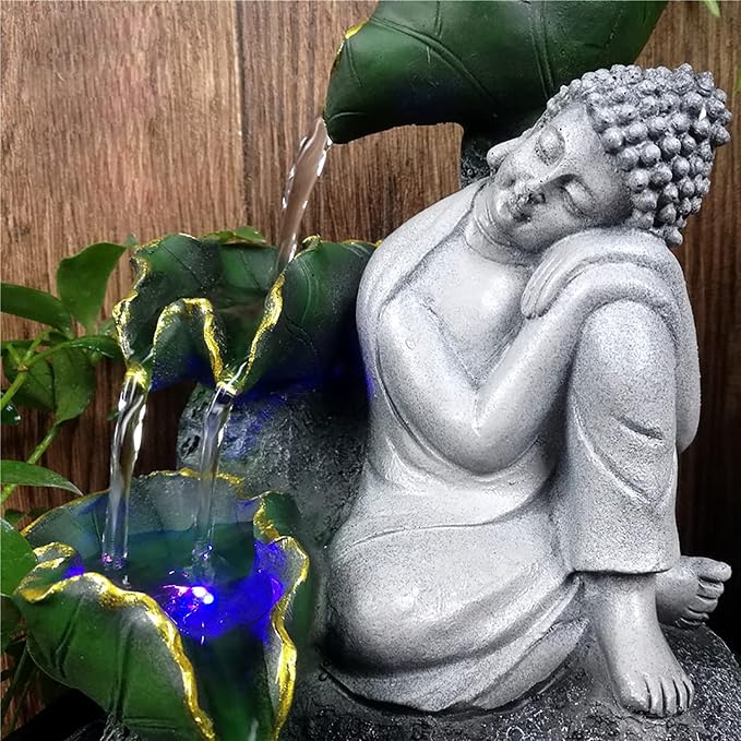 Indoor Fountain Rockery Tabletop Fountain with Buddha Water Feature | Meditation Desktop Fountains for Home Office Decor or Giving 8.1'' x 8.1'' x 11'' with LED Light