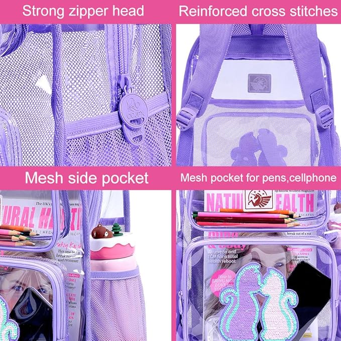 Clear Backpack for Girls and Boys, Kids Transparent Bookbag, 3PCS Cute See Through School Bag for Elementary Prechool
