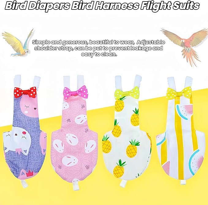 2Pcs Bird Diapers Bird Harness Flight Suits Diapers with 80 Inch Flying Leash Parrot Nappy Washable Cute Urine Wet Suit for Cockatiel Conure Macaw Budgies Parakeet-Rabbit&Watermelon,M