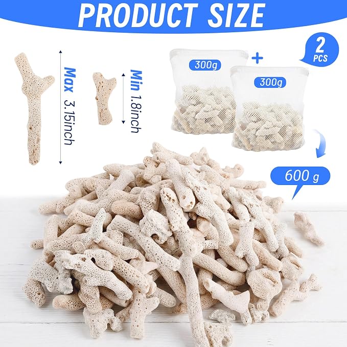 1.32lb/600g Crushed Coral for Freshwater Aquarium, Natural Fish Tank Coral Stone with Mesh Bag, Aquarium Bio Filter Media Bag Reusable Aquarium Filter to Stabilize Water and Raise PH