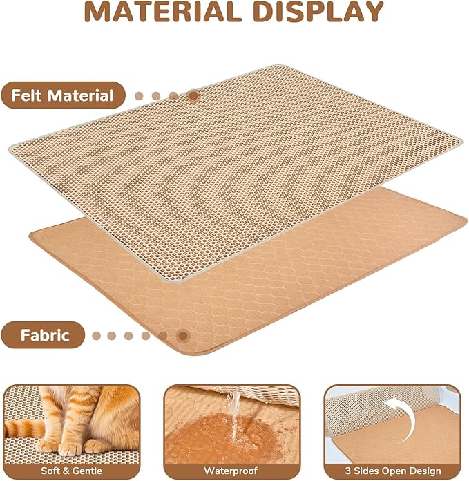 BurgeonNest Cat Litter Mat 47"x35", Machine Washable Leak-Proof & Urine-Resistant Cat Mat, Soft Felt Fabric for Fewer Creases, Non-Slip Double Layer Design for 3-4 Litter Boxes, Khaki