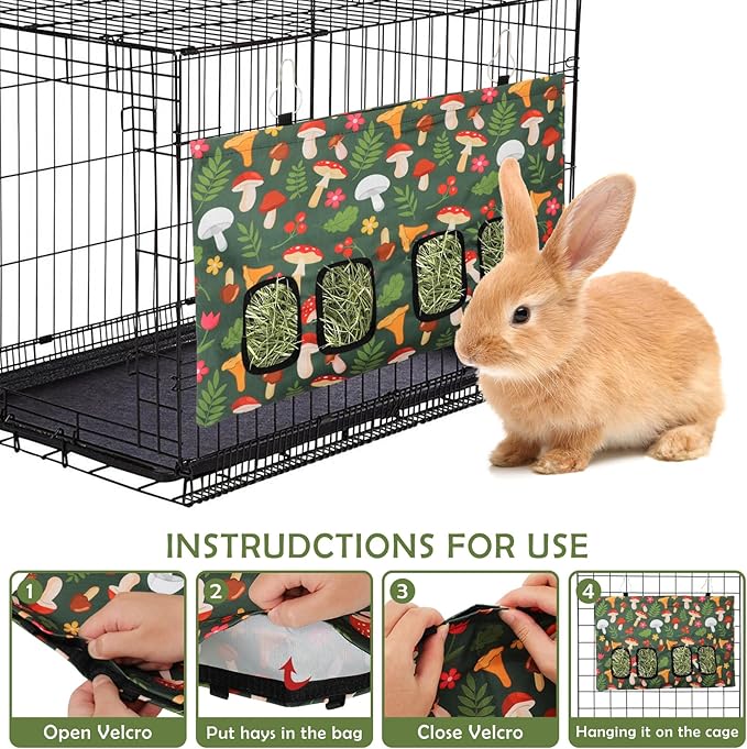 JarThenaAMCS Rabbit Hay Feeder Bag with 4 Holes Mushroom 18 x 12 Inch Guinea Pig Hanging Hay Feeding Bag Storage Dispenser for Chinchilla Hamster Bunny Small Animal Pet