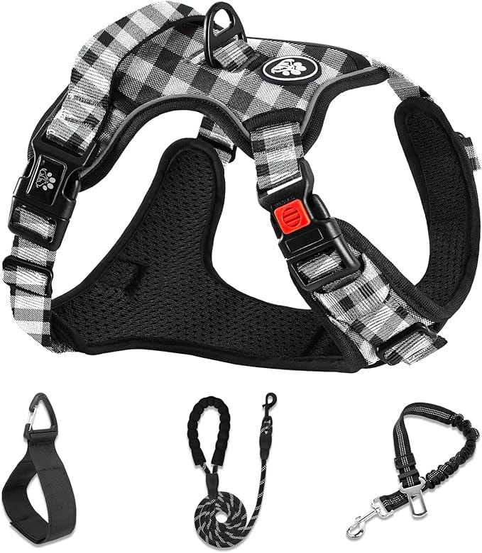 NESTROAD Dog Harness (Checkered Black,S) with Leash, Reflective, Adjustable, Soft Padded, Easy Control Handle, for Small Dogs, Front & Rear Clip Design