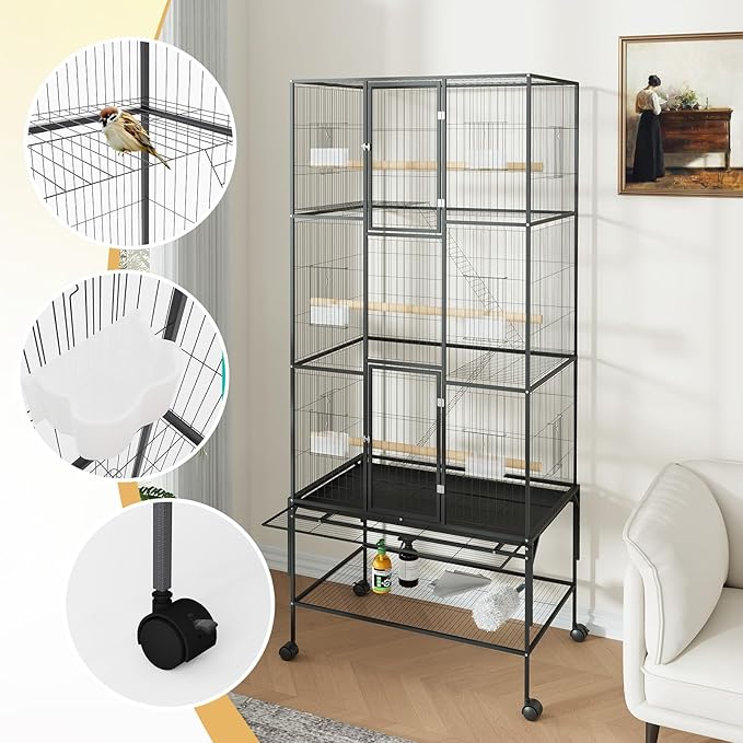 69 Inch Tall Parrot Cages for Large Birds, Three-Level Rolling Parakeet Cage with Storage Shelf Perches Feed Bowls, Bird Flight Cage, Large Bird Cages for Parrots Macaws Conures Cockatiels Parakeets