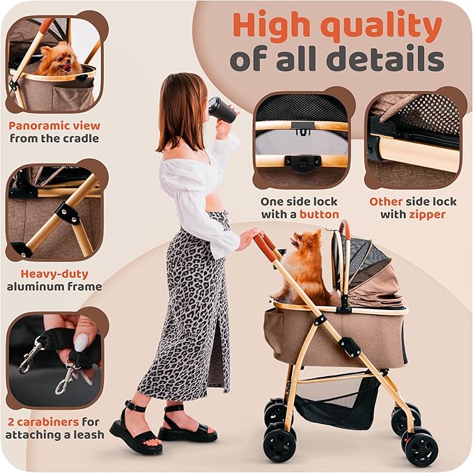 Pet Stroller for Small Medium Dogs & Cats – 2-in-1 Detachable Carrier, Zipperless Entry, Lightweight Folding Travel Stroller with Storage Basket, Cup Holder, Brown