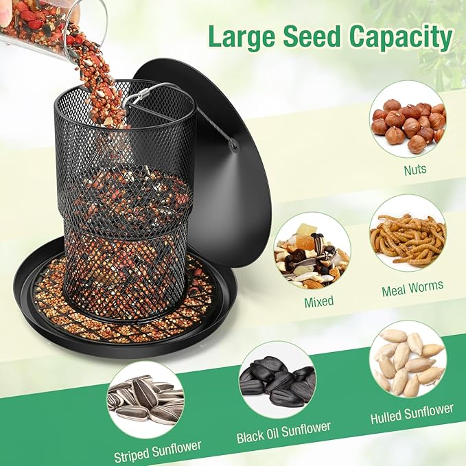 Bird Feeder for Outdoor Hanging, No Mess No Spill - Birdfeeder for Outdoor, Squirrel Proof Bird Feeder w/Catch Tray - Large Capacity All-Metal for Outside Hanging