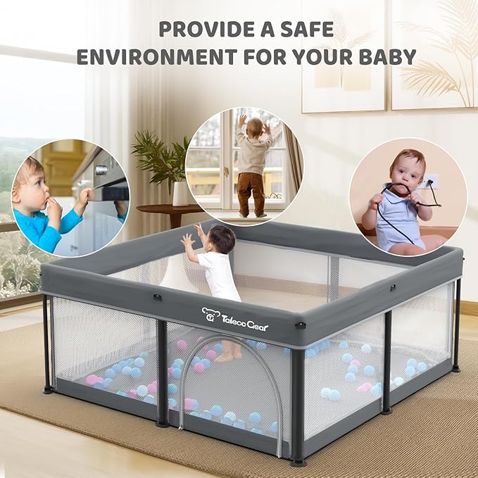 Taleco Gear Foldable Baby Play Pen with Mat, 50''x50'' Playpen for Babies and Toddlers, Playpen for Baby with Gate, Breathable,Foldable Travel Play Pen with 50 Ocean Balls