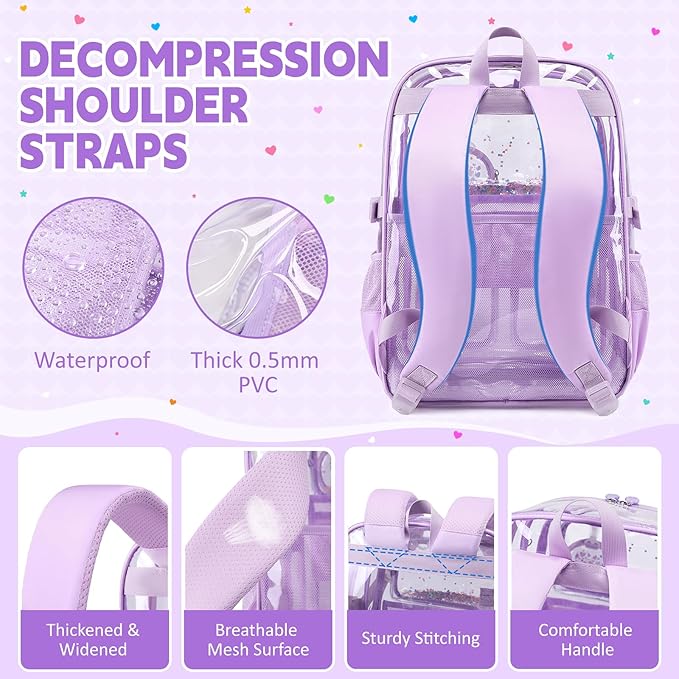Clear Backpacks for Stadium Events Heavy Duty Clear Bookbag for School Girls Transparent Back Pack, Purple