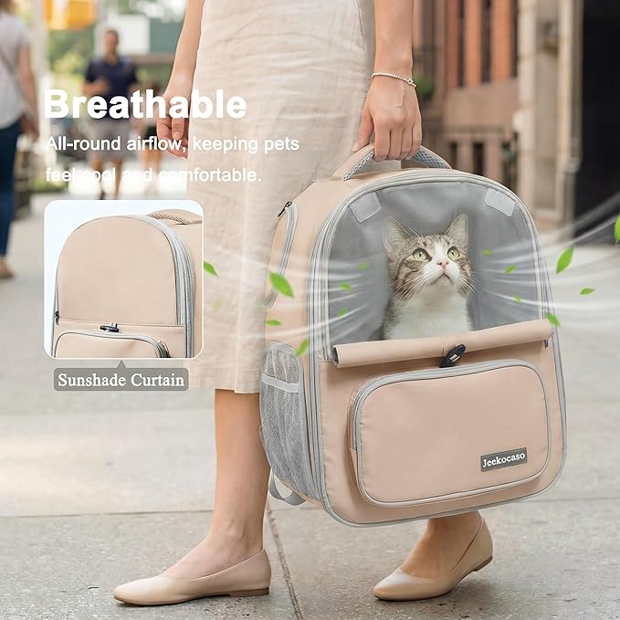 Cat Backpack Carrier Expandable, Breathable Mesh & Lockable Zippers & Shaded Curtains & Multi-Entry, Pet Backpack for Kitty Puppy Small Dogs Up to 18lbs for Travel, Hiking, Car, Vet(Khaki)