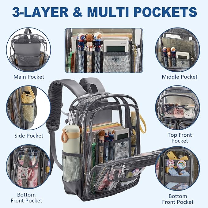 Grey Clear Backpack Heavy Duty, Large Clear Bookbag for Boys Girls Adult, See Through Book Bag Transparent Backpacks with Multiple Pockets for School College Work Casual