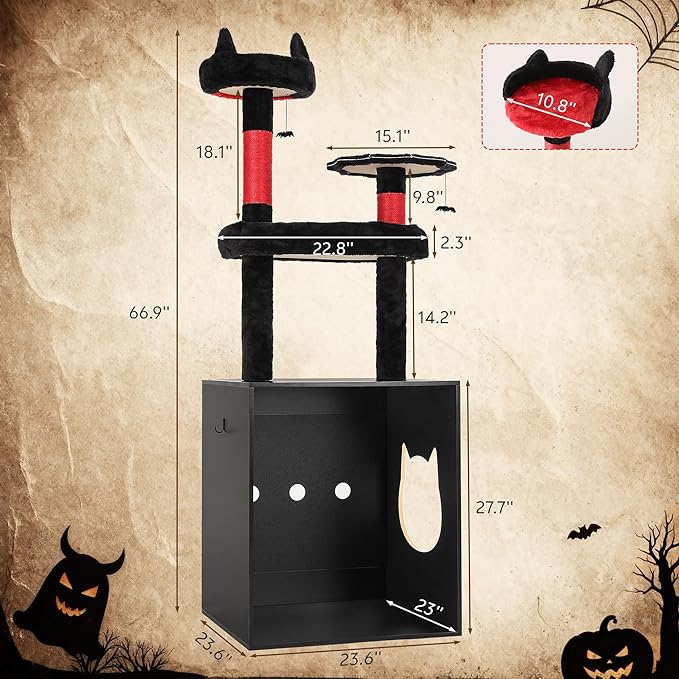 Cat Tree Tower with Litter Box Enclosure, 67 Inch Large Cat Tree for Automatic Litter Box, 2-in-1 Goth Litter Box Enclosure with Cat Scratching Posts, House, Hammock, Red Black
