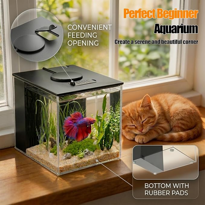 Vehipa Betta Fish Tank 1 Gal (3.7L), Acrylic Nano Aquarium Kit Black | With Water Filter Pump & LED Light, Ideal for Small Fish, Shrimp and Plants