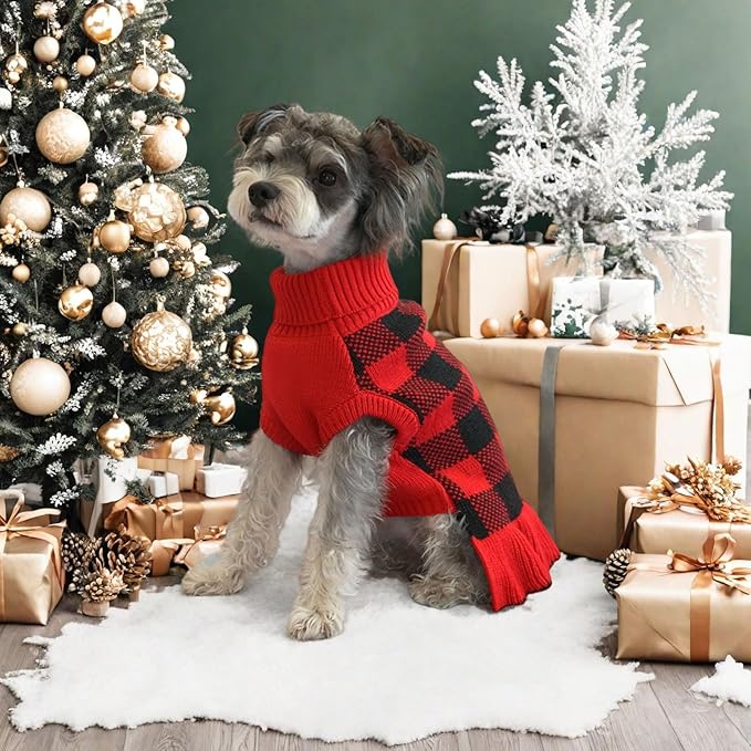 Dog Sweater Dress Plaid Knitwear for Small Medium Dogs Warm Puppy Pet Turtleneck Stretch Pullover Cute Fall Winter Vest Clothes with Leash Hole for Christmas (Red, M)