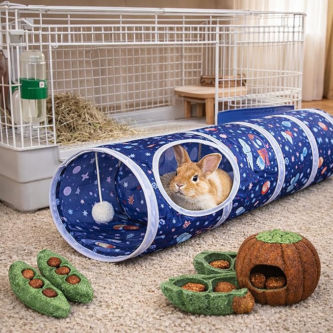 HERCOCCI Bunny Tunnel, Collapsible Rabbit Toys Hideout Tunnels & Tubes with Chew Toy Set for Guinea Pigs, Chinchillas, Ferrets and Small Pets