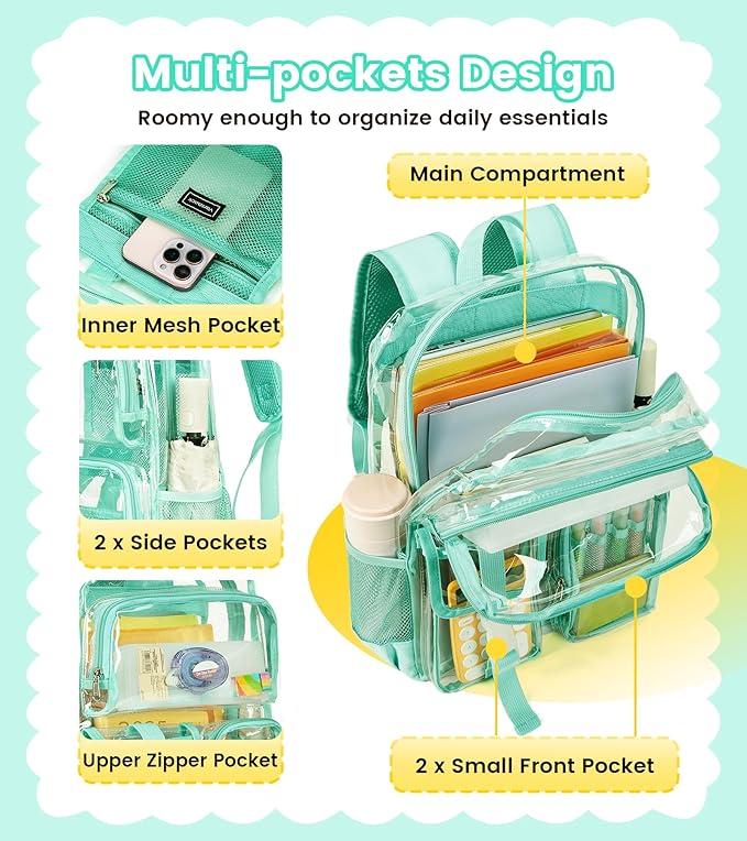 Vorspack Clear Backpack for School - Heavy Duty Transparent Bookbag for Girls Boys Large See Through backpacks for Work, College, Travel - Mint Green
