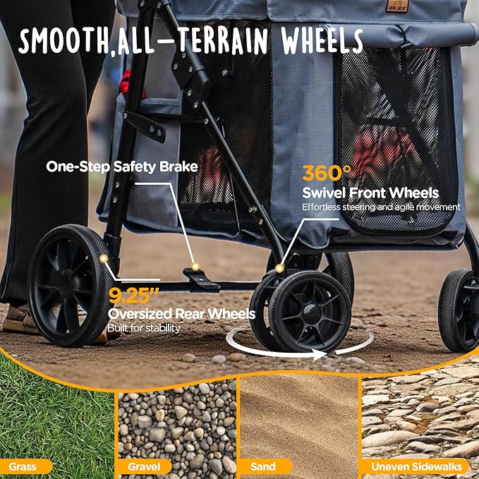 CANINE CANYON Scout Pet Stroller, Heavy Duty Dog Stroller for Large & Medium Dogs, Foldable Pet Stroller for 2 Dogs with All-Terrain Wheels, Storage Pocket & Cup Holder, 55 lbs Capacity, Grey