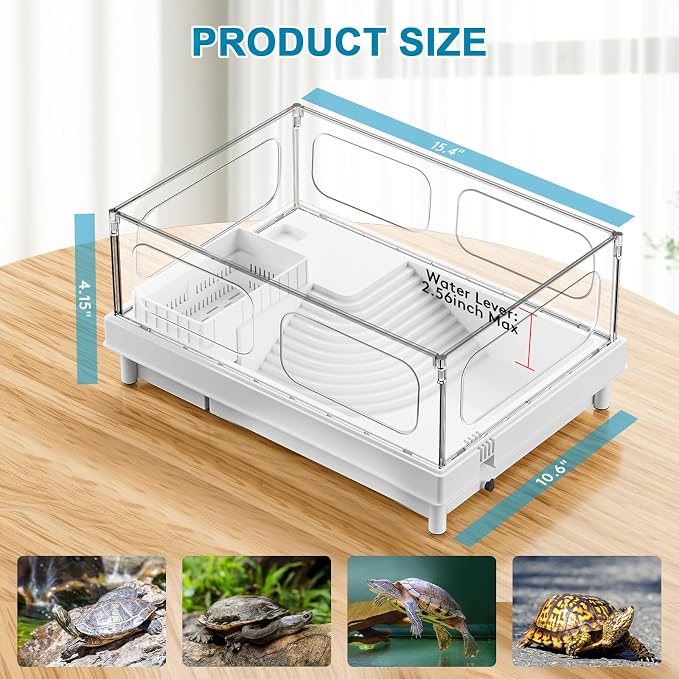 Small Turtle Tank with Filter for Baby Turtles | White Clear-Panel Habitat, with Basking Platform and Bottom Drain, Low-Water Starter Aquarium, for Crabs and Small Reptiles