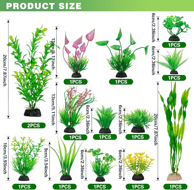 Ameliade 14 PCS Soft Plastic Aquarium Plants Green Fish Tank Decor Set | Aquarium Decorations and Accessories, Small Fish Bowl Artificial Safe Ornaments for Betta Goldfish and Turtle