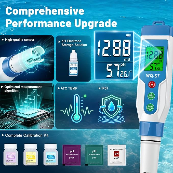 Pool Salt Tester, Digital Pool Water Tester with Calibration Kit | 7-in-1: pH, Salinity, H2, ORP, EC, TDS, Temp. High Precision with ATC. For Saltwater Pool, Hot Tub Spa, Aquarium, Hydroponic