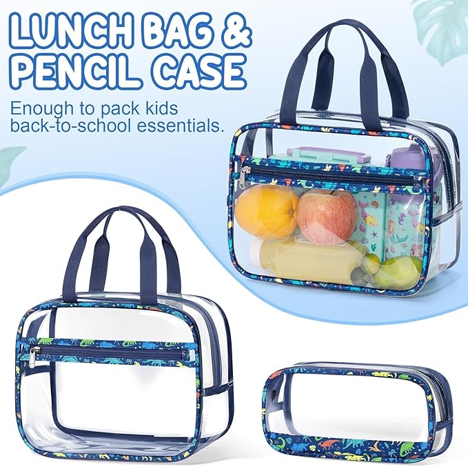 Fimibuke Clear Backpack for Boys, 3PCS Heavy Duty PVC Transparent Boys Backpack with Lunch Box & Pencil Case, School Stadium Event Approved Toddler School Bookbag for Preschool Kindergarten Elementary