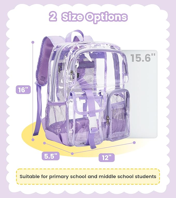 Vorspack Clear Backpack for School - Heavy Duty Transparent Bookbag for Girls Boys Large See Through backpacks for Work, College, Travel - Purple