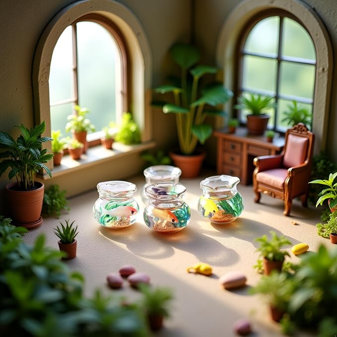 2Pcs Miniature Fish Tank Toy Mini Round Fish Bowls Resin Goldfish Grass for Dollhouse Desktop Craft Project Decor,Mini Fish Bowl,Dollhouse Accessories,Dollhouses Décor