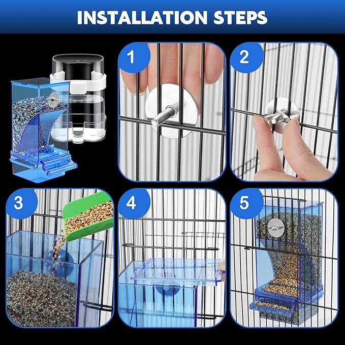 Yaomiao 6 Pcs No Mess Bird Feeders Automatic Clear Parrot Water Dispenser Acrylic Quail Feeder and Watered Cage Accessories Indoor for Small and Medium Parrot Cockatiel Canary (Blue Feeder)