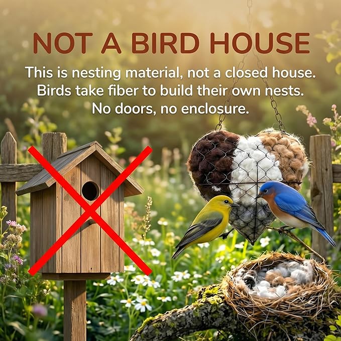 Handmade Alpaca Fiber Bird Nesting Heart with 6 Refill Bags, Reusable Nesting Material Accessory for Wild Birds, Outdoor Garden Decoration, Gift for Bird & Nature Lovers (3 Sets)