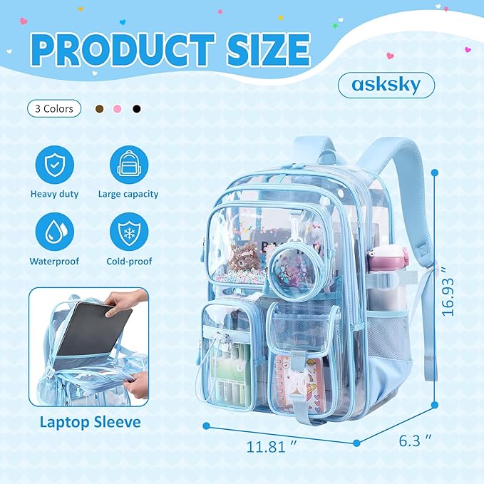 Clear Backpacks for Stadium Events Heavy Duty Clear Bookbag for School Girls Transparent Back Pack, Blue