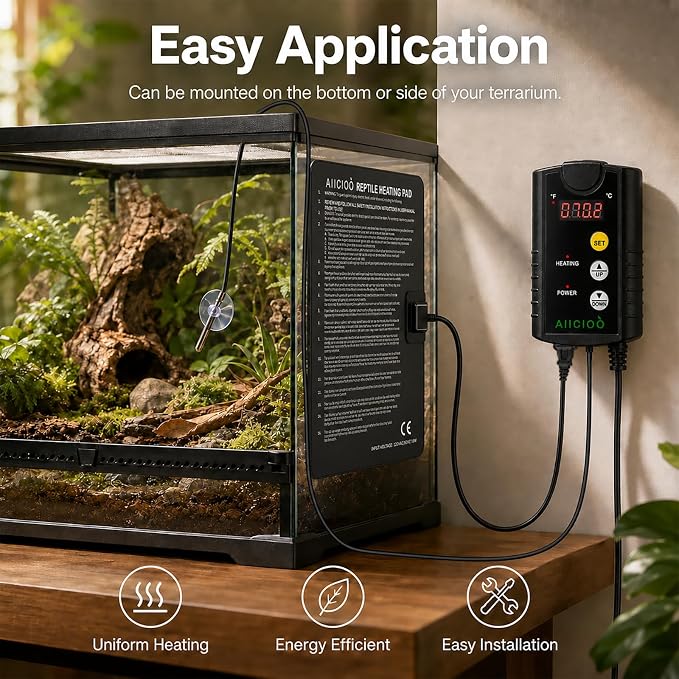 Aiicioo Under Tank Heater Thermostat - Reptile Heating Pad with Temperature Control Reptile Heat Mat for Combo Set for Hermit Crab Lizard Terrarium 16W