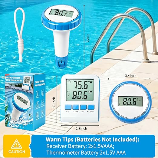 Pool Thermometer Floating Easy Read, Waterproof Wireless Digital Pool Thermometer with Large Screens, IPX8 Waterproof High Precision Temperature Gauge for Swimming Poo, Hot Tub, Spa, Pond, Fish Tank