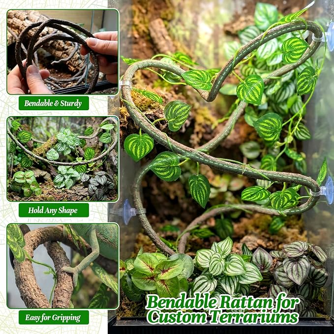 5 Pcs Reptile Plants & Habitat Decor Kit - Artificial Plants & Large 3.3ft Jungle Vine Branch, Artificial Leaves with Suction Cup Tank Decor Accessories for Crested Gecko, Lizard, Snake,Forg,Tortoise
