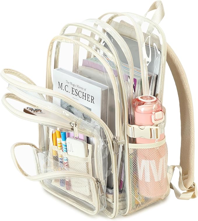 abshoo Large Heavy Duty Girls Clear Backpack for School Bookbag Transparent Multi Pocket Backpacks for Women (Beige)
