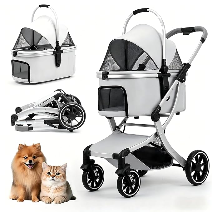 3 in 1 Pet Stroller for Small/Medium Dogs & Cats with Detachable Carrier, Storage Basket and Pet Pad, 4 Wheels Foldable Pet Travel Carrier for Car Seat & Hand Carry, Safe Outings (Grey)