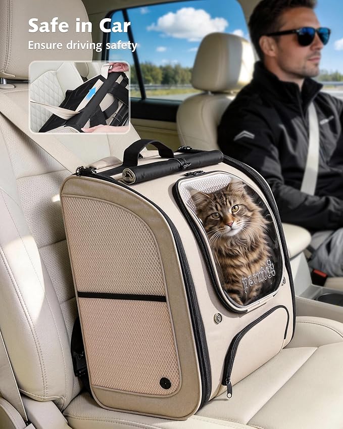Pecute Cat Backpack Carrier XL, Large Space Cat Bubble Backpack, Breathable Cat Carrier, Shaded Dog Backpack Carrier, Ergonomic 3D Design for Travel, Hiking, Suitable for Shopping, and Vet, Khaki