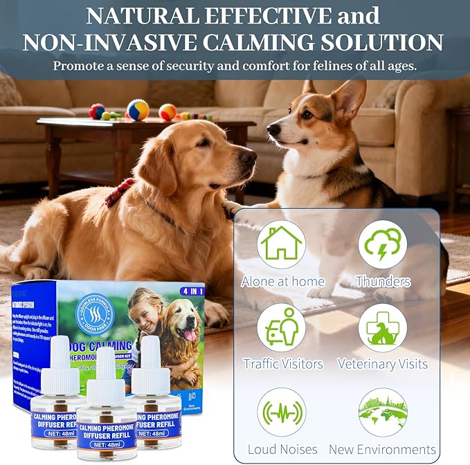 Dog Calming Diffuser Starter Kit with 3 Refills, Dog Pheromones Calming Diffuser Helps Reduce Scratching, Peeing, Meowing & Aggression, Plug-in Anxiety Relief for Calm Dogs of All Ages