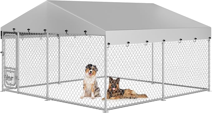 YITAHOME 10'x10' Outdoor Dog Kennel with Rotating Feeder Bowls, Outdoor Dog Enclosure with Roof, Heavy Duty Dog Cage for Large Dogs