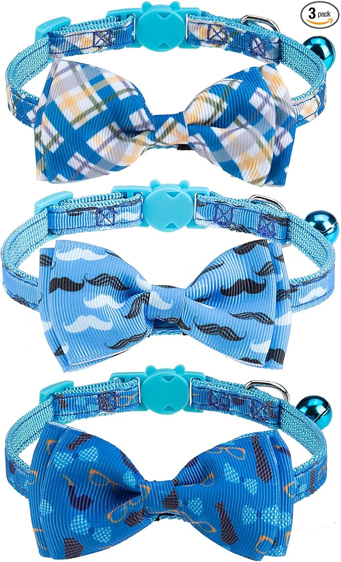 Breakaway Cat Collar with Removable Bow Tie and Bell, 3 Pack Safety Buckle Kitten Collars, Adjustable Pet Collar with Cute Multi-Style Patterns, Ideal for Boy Cats Puppy
