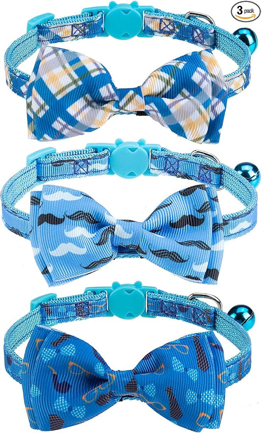 Breakaway Cat Collar with Removable Bow Tie and Bell, 3 Pack Safety Buckle Kitten Collars, Adjustable Pet Collar with Cute Multi-Style Patterns, Ideal for Boy Cats Puppy