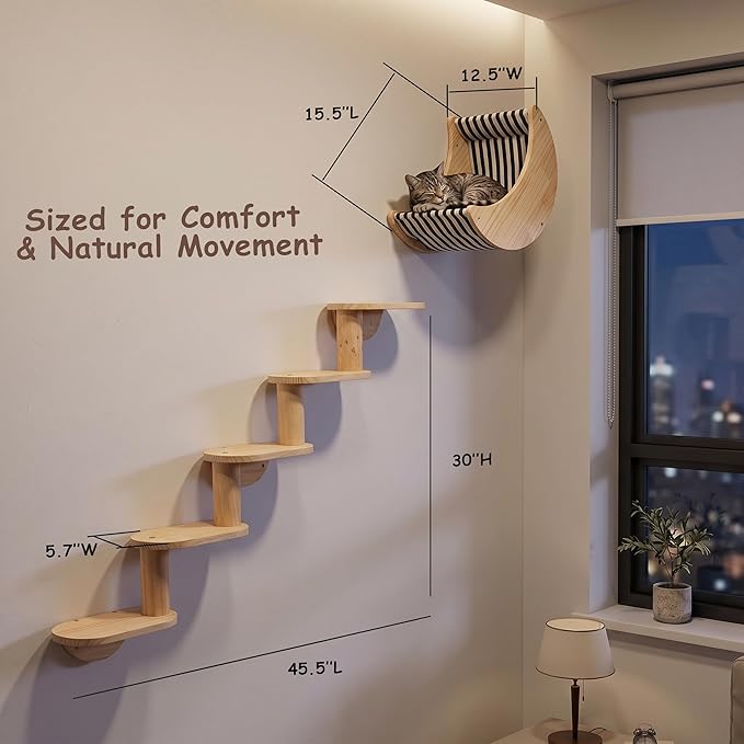 Cat Shelf for Wall Mount Hammock with 5-Levels Climbing Ladder Moon Cat Shelves and Perches for Activity Indoor Cats Wall Furniture(5-Levels Steps)
