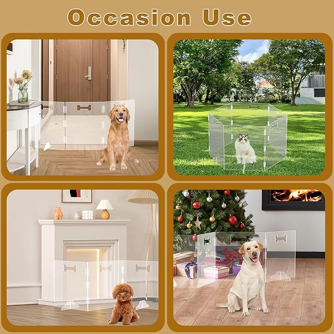 Clear Acrylic Dog Gate, 6 Panel 144" W x 31.5" H, Transparent Freestanding Pet Playpen Indoor, Foldable Pet Fence Barrier for Doorway with Handle/Support Feet