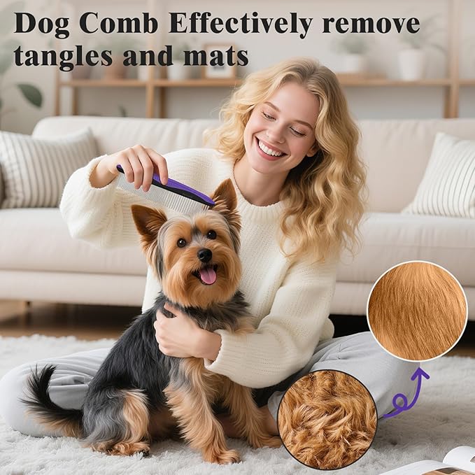 2PCS Self Cleaning Slicker Brush & Dog Comb - Skin Friendly Deshedding Grooming Tool for Dogs, Cats and Small Animals, Professional Deshedding Dematting Tool for Long and Short Haired Pets (Purple)