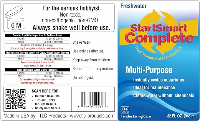 TLC Products StartSmart Complete Freshwater Aquarium Cycle Starter & Beneficial Nitrifiers, Supports Clear Water & Biofiltration, Reduces Excess Sludge, 32 oz. (946 ml)
