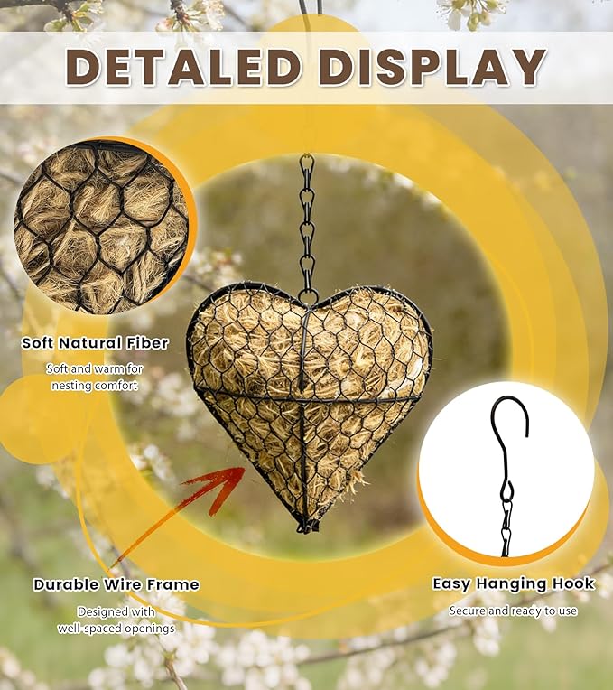 Bird Nesting Heart with Natural Nesting Fibers, Refillable Bird Nesting Material Holder for Hummingbirds, Outdoor Garden Art Decor Gift for Bird Lovers