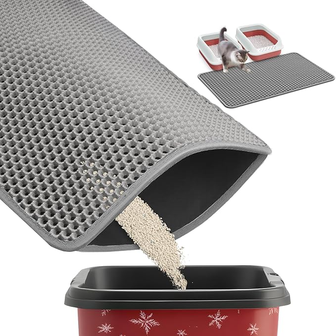 Powools 35" x 30" Cat Litter Mat - Ultra-Large Litter Box Mat with Double Layers, Urine-Proof and Non-Slip Litter Trapping Mat, Easy to Clean Kitty Litter Mats for Floor, Scatter Control, Grey